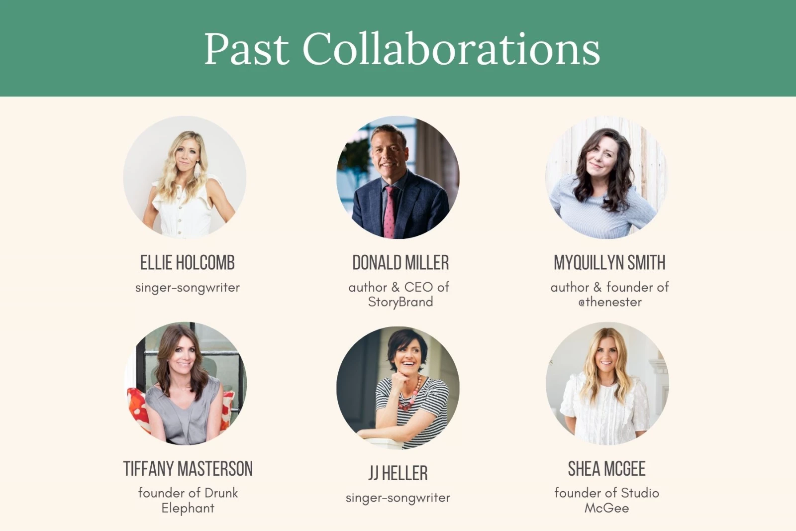Past Collaborations graphic for Gardenary and Nicole Johnsey Burke, featuring six circular portrait photos of notable collaborators: Ellie Holcomb, singer-songwriter; Donald Miller, author and CEO of StoryBrand; Myquillyn Smith, author and founder of The Nester; Tiffany Masterson, founder of Drunk Elephant; JJ Heller, singer-songwriter; and Shea McGee, founder of Studio McGee.